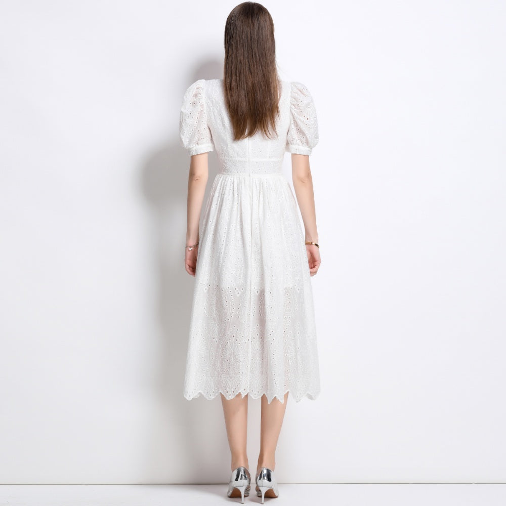 CM-DY040343 Women Elegant European Style V-Neck Short Sleeve Single-Breasted Dress - White