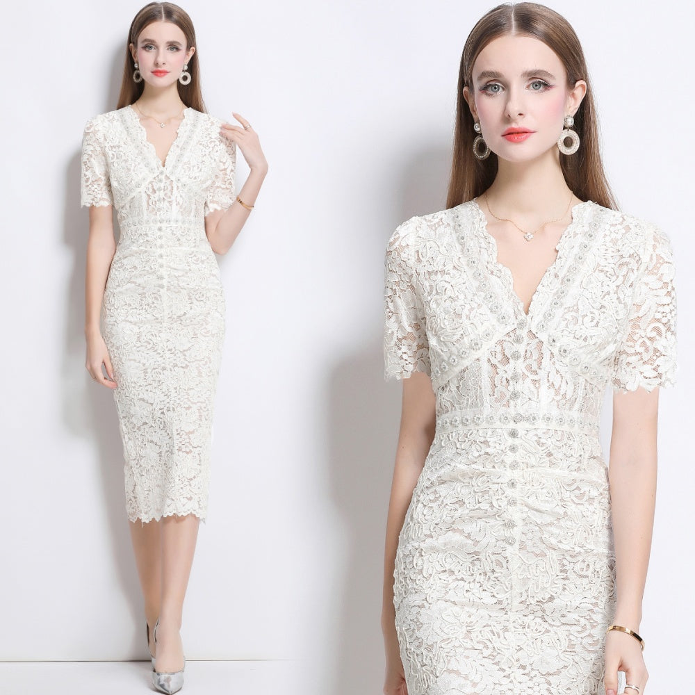 CM-DY040345 Women Elegant European Style V-Neck Short Sleeve Single-Breasted Lace Midi Dress - Beige