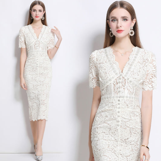CM-DY040345 Women Elegant European Style V-Neck Short Sleeve Single-Breasted Lace Midi Dress - Beige