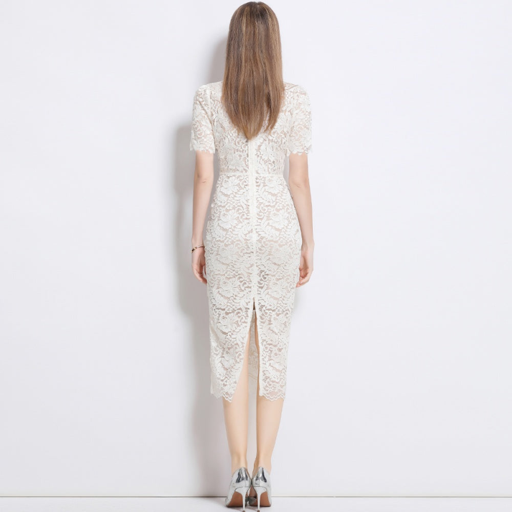 CM-DY040345 Women Elegant European Style V-Neck Short Sleeve Single-Breasted Lace Midi Dress - Beige