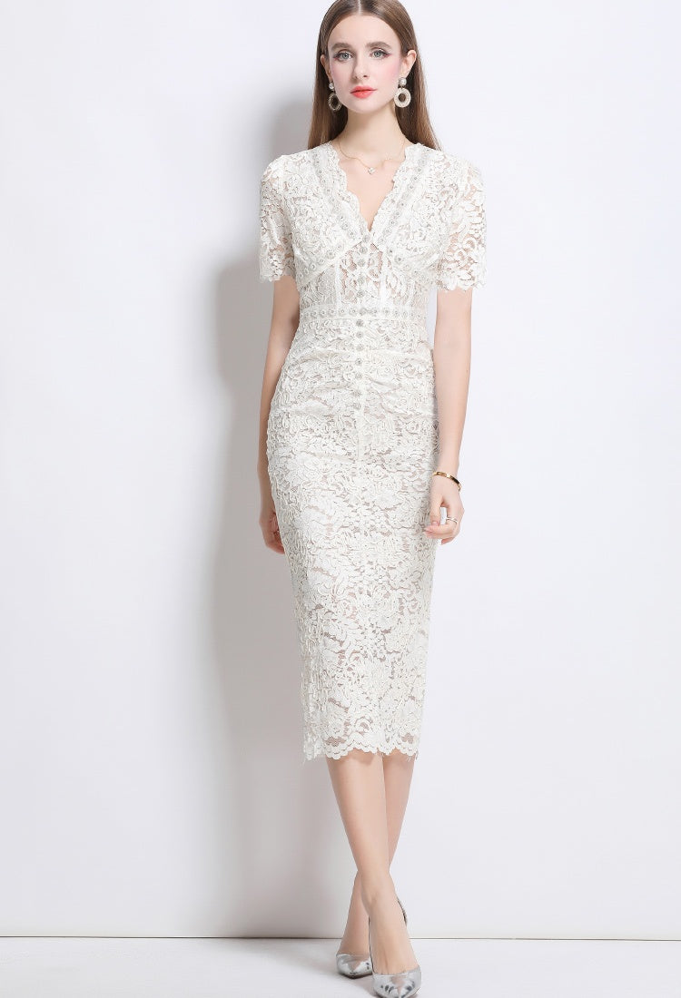 CM-DY040345 Women Elegant European Style V-Neck Short Sleeve Single-Breasted Lace Midi Dress - Beige
