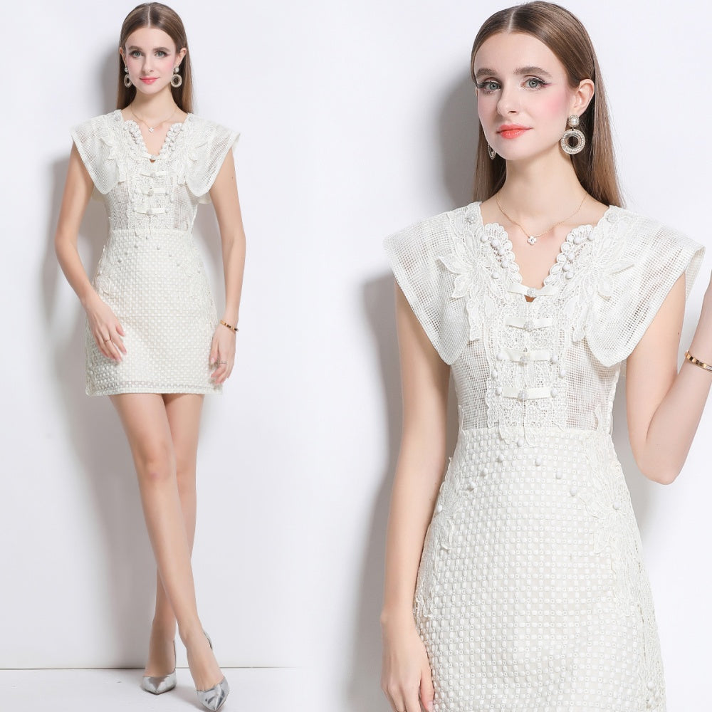 CM-DY040346 Women Elegant European Style Hollow V-Neck Boat Sleeve Mini Dress - Beige