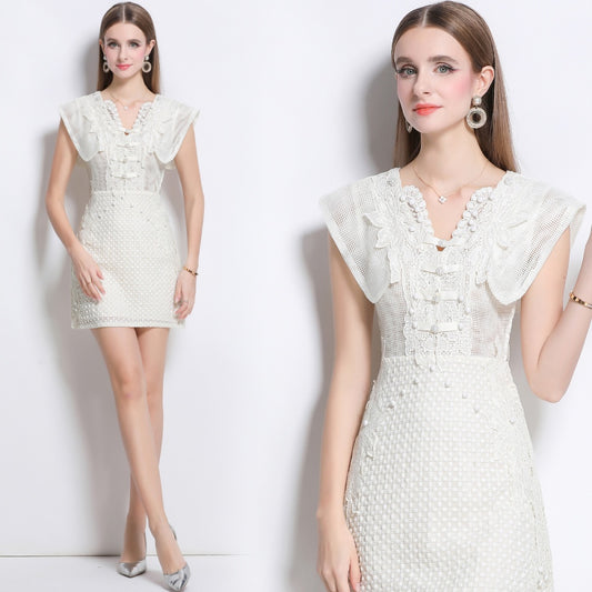 CM-DY040346 Women Elegant European Style Hollow V-Neck Boat Sleeve Mini Dress - Beige
