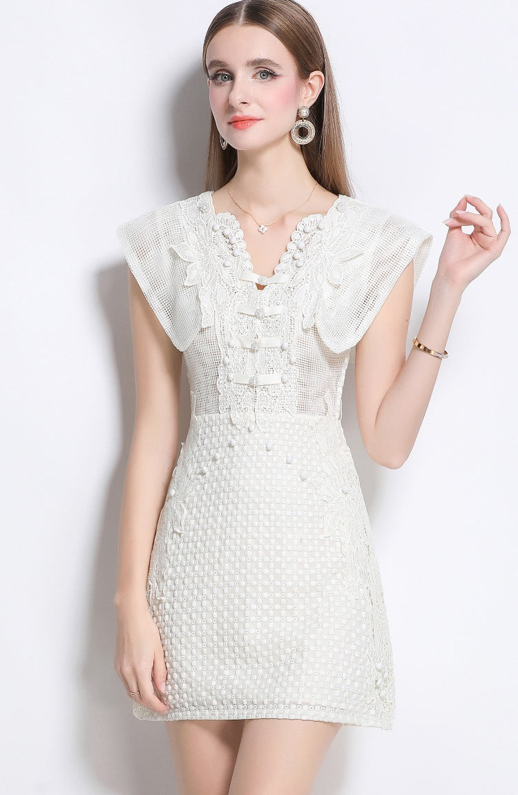 CM-DY040346 Women Elegant European Style Hollow V-Neck Boat Sleeve Mini Dress - Beige