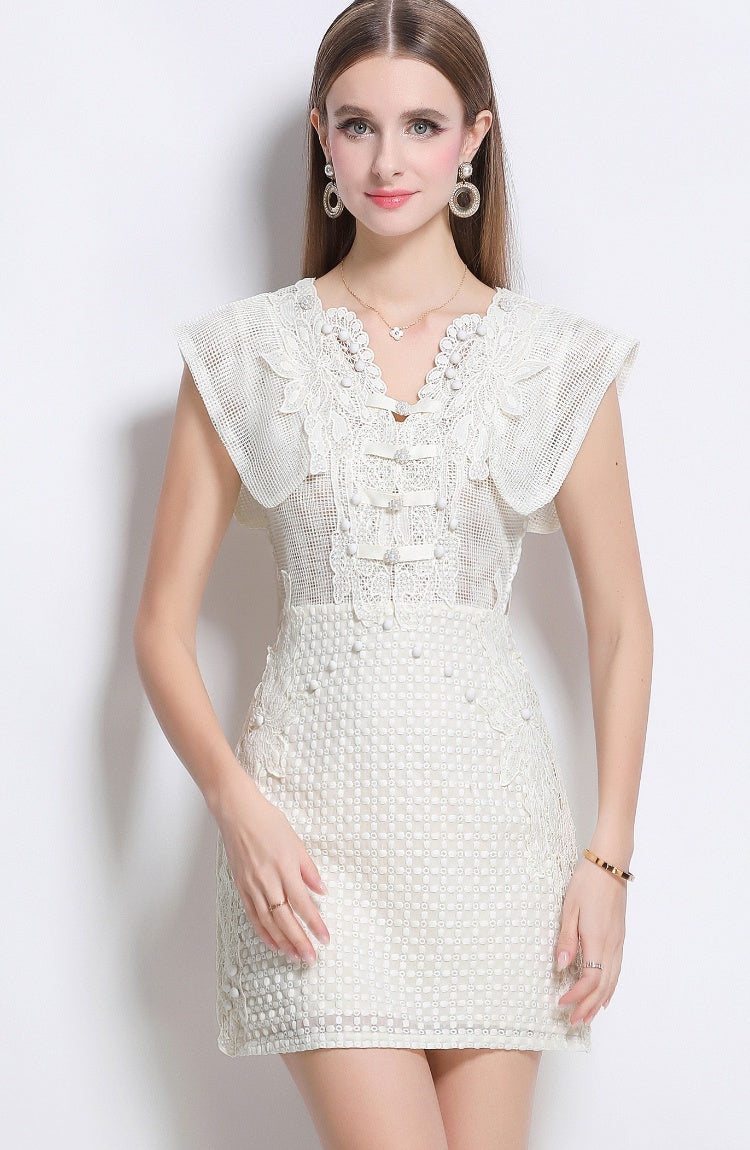 CM-DY040346 Women Elegant European Style Hollow V-Neck Boat Sleeve Mini Dress - Beige