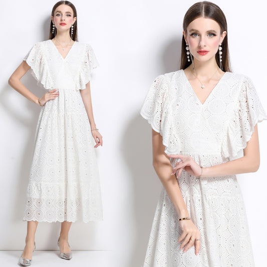 CM-DY040347 Women Elegant European Style V-Neck Batwing Sleeve Hollow Lace Long Dress - White