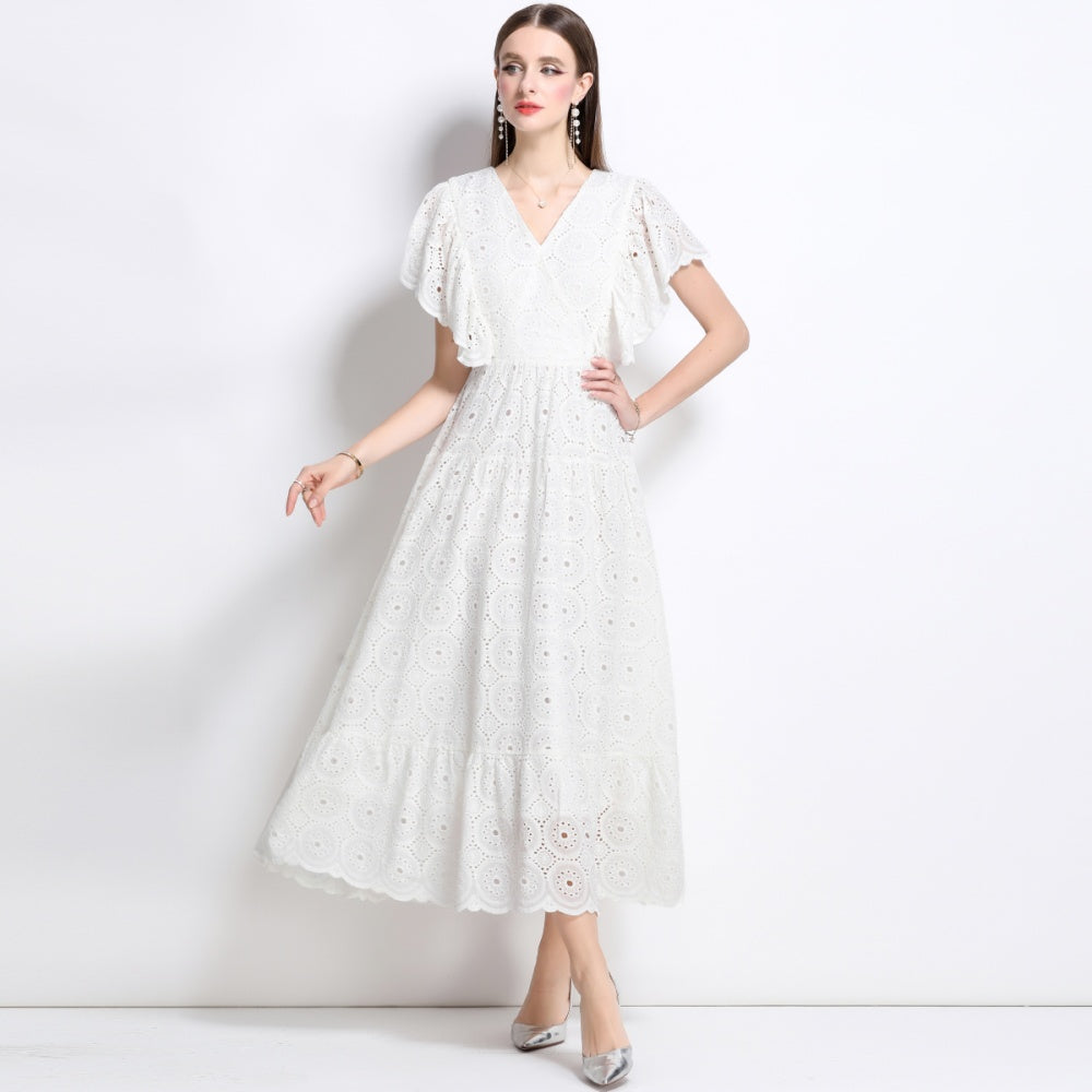 CM-DY040347 Women Elegant European Style V-Neck Batwing Sleeve Hollow Lace Long Dress - White