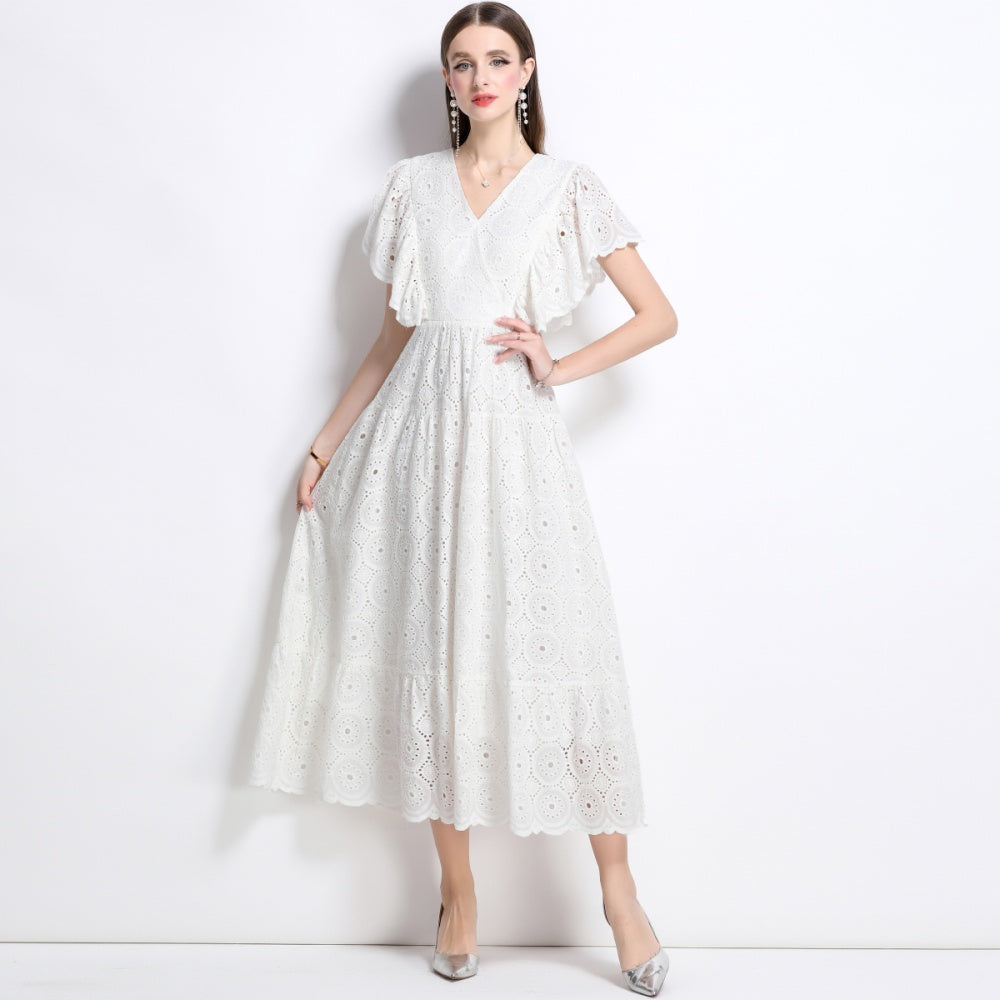 CM-DY040347 Women Elegant European Style V-Neck Batwing Sleeve Hollow Lace Long Dress - White
