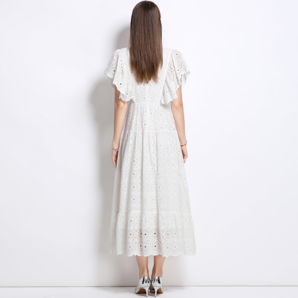 CM-DY040347 Women Elegant European Style V-Neck Batwing Sleeve Hollow Lace Long Dress - White