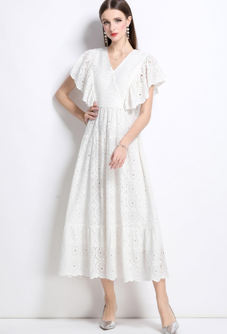 CM-DY040347 Women Elegant European Style V-Neck Batwing Sleeve Hollow Lace Long Dress - White