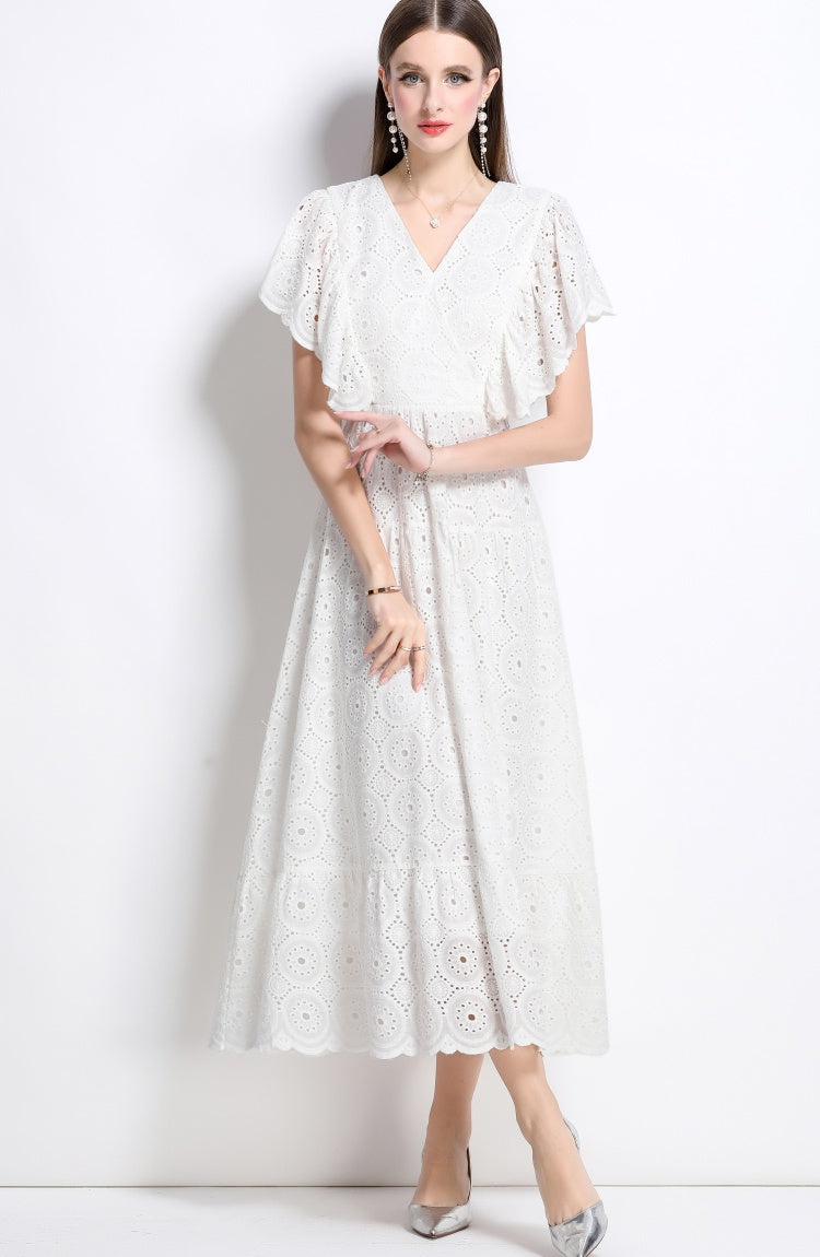 CM-DY040347 Women Elegant European Style V-Neck Batwing Sleeve Hollow Lace Long Dress - White