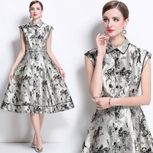 CM-DY040349 Women Elegant European Style Polo Collar Sleeveless Jacquard Midi Dress