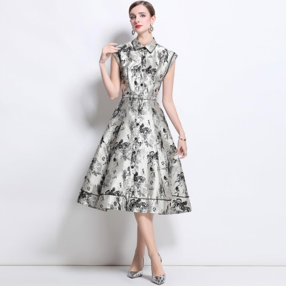 CM-DY040349 Women Elegant European Style Polo Collar Sleeveless Jacquard Midi Dress