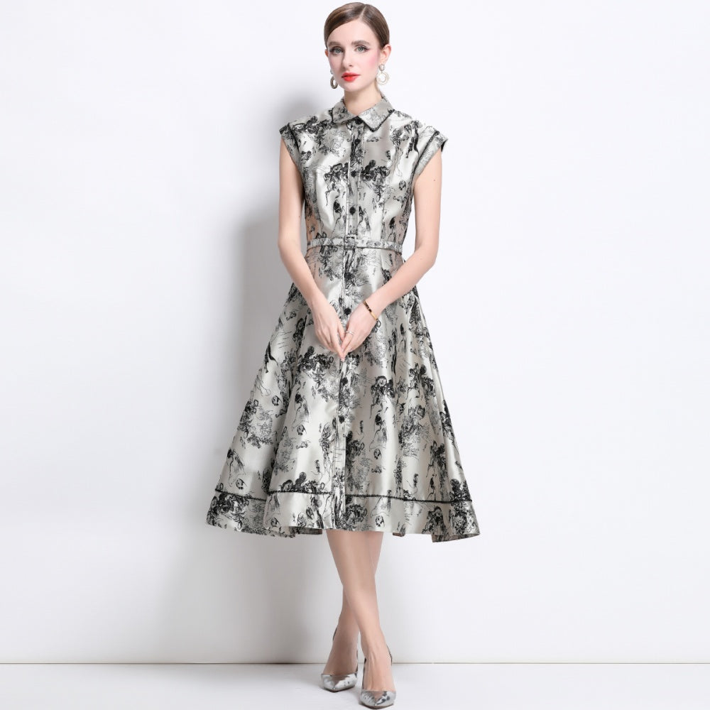 CM-DY040349 Women Elegant European Style Polo Collar Sleeveless Jacquard Midi Dress