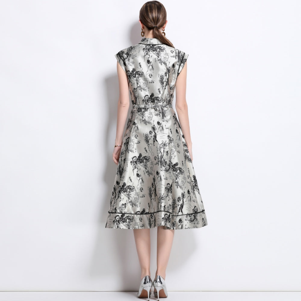 CM-DY040349 Women Elegant European Style Polo Collar Sleeveless Jacquard Midi Dress