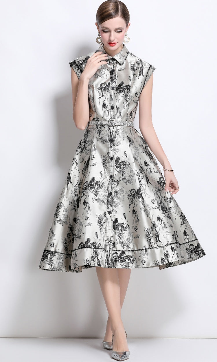 CM-DY040349 Women Elegant European Style Polo Collar Sleeveless Jacquard Midi Dress