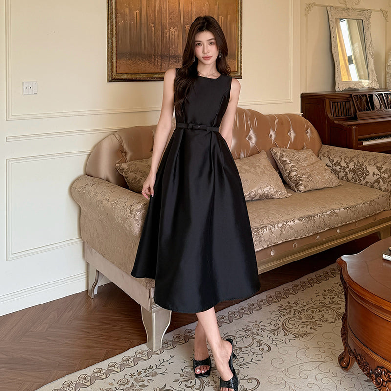 CM-DY040409 Women Elegant Seoul Style Round Neck Sleeveless High Waist Midi Dress - Black