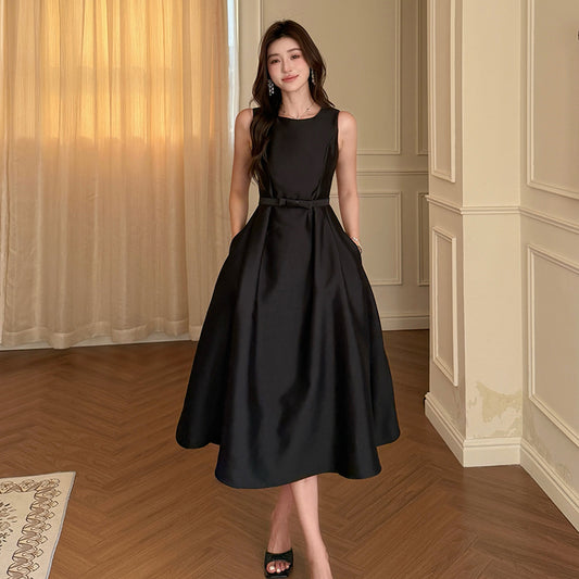 CM-DY040409 Women Elegant Seoul Style Round Neck Sleeveless High Waist Midi Dress - Black