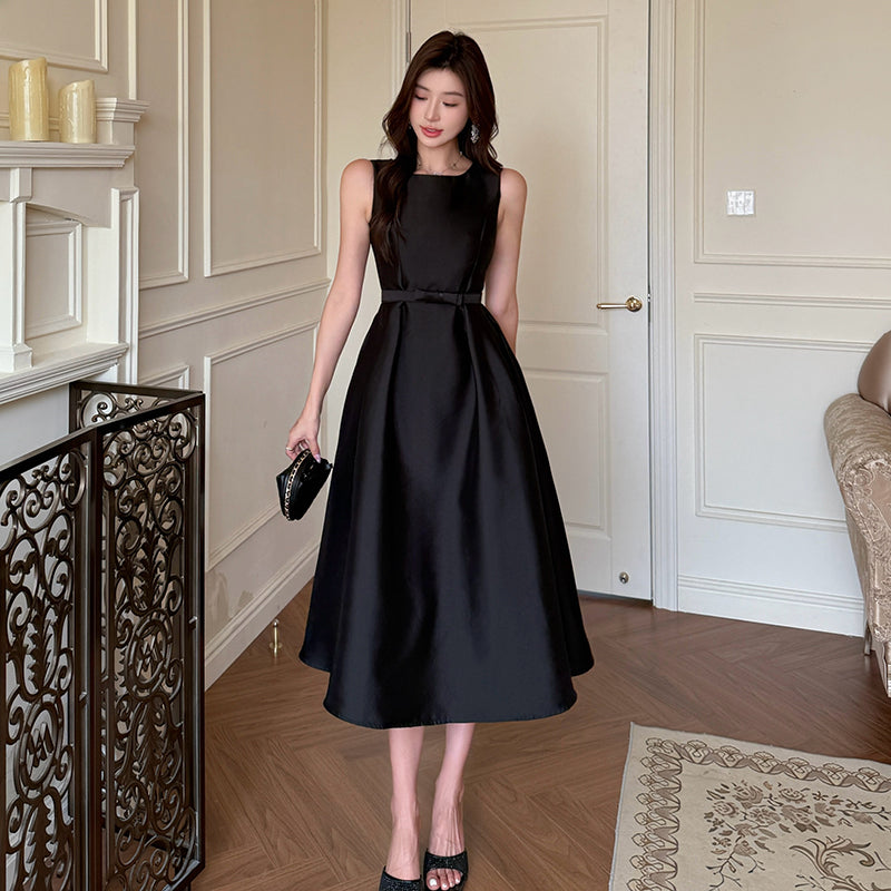 CM-DY040409 Women Elegant Seoul Style Round Neck Sleeveless High Waist Midi Dress - Black