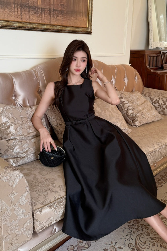 CM-DY040409 Women Elegant Seoul Style Round Neck Sleeveless High Waist Midi Dress - Black