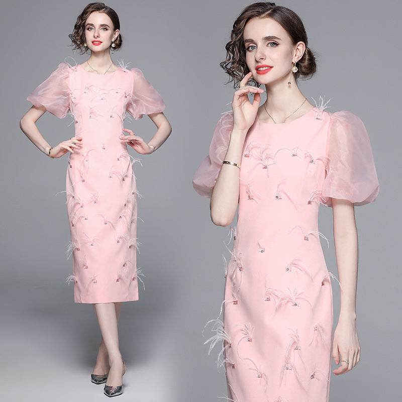CM-DY040419 Women Elegant European Style Beading Round Neck Short Sleeve Midi Dress - Pink