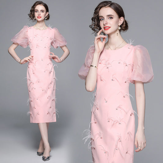 CM-DY040419 Women Elegant European Style Beading Round Neck Short Sleeve Midi Dress - Pink