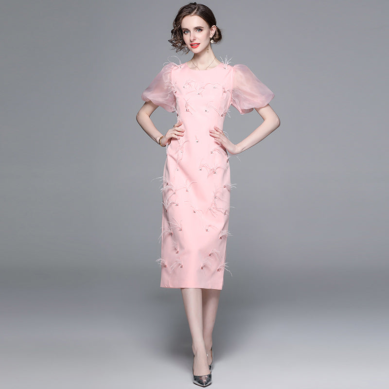 CM-DY040419 Women Elegant European Style Beading Round Neck Short Sleeve Midi Dress - Pink