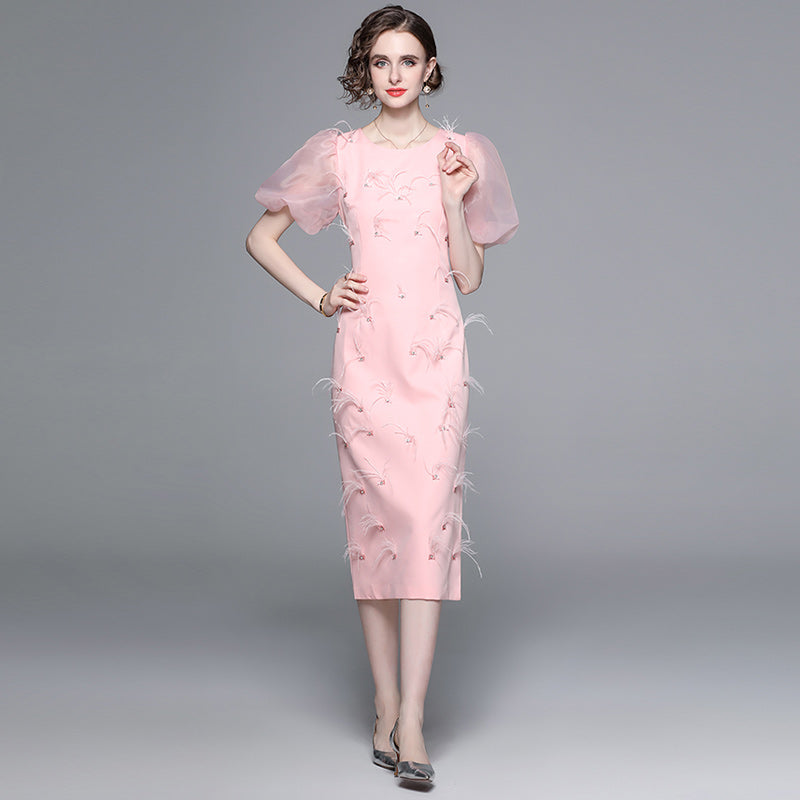 CM-DY040419 Women Elegant European Style Beading Round Neck Short Sleeve Midi Dress - Pink