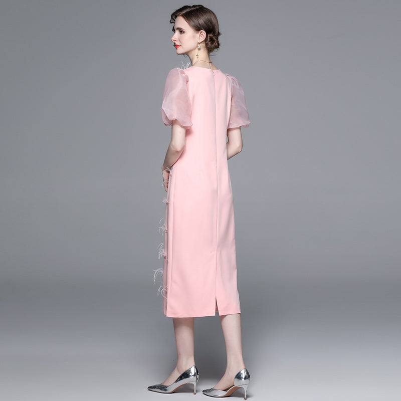 CM-DY040419 Women Elegant European Style Beading Round Neck Short Sleeve Midi Dress - Pink