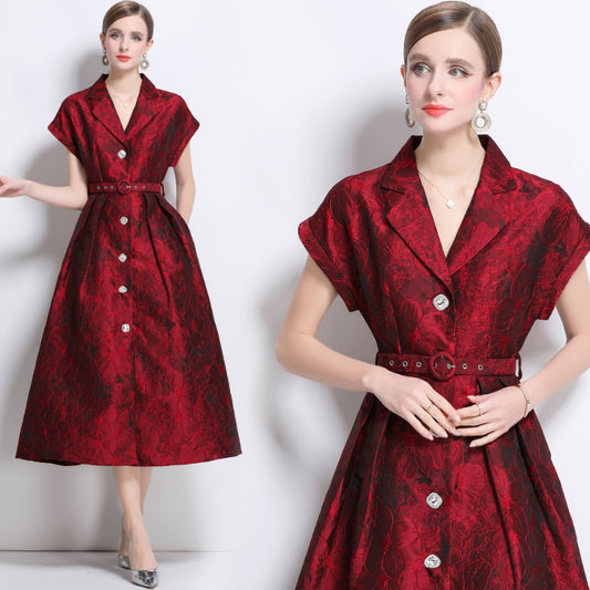 CM-DY040715 Women Elegant European Style V-Neck Short Sleeve Single-Breasted Midi Dress - Red