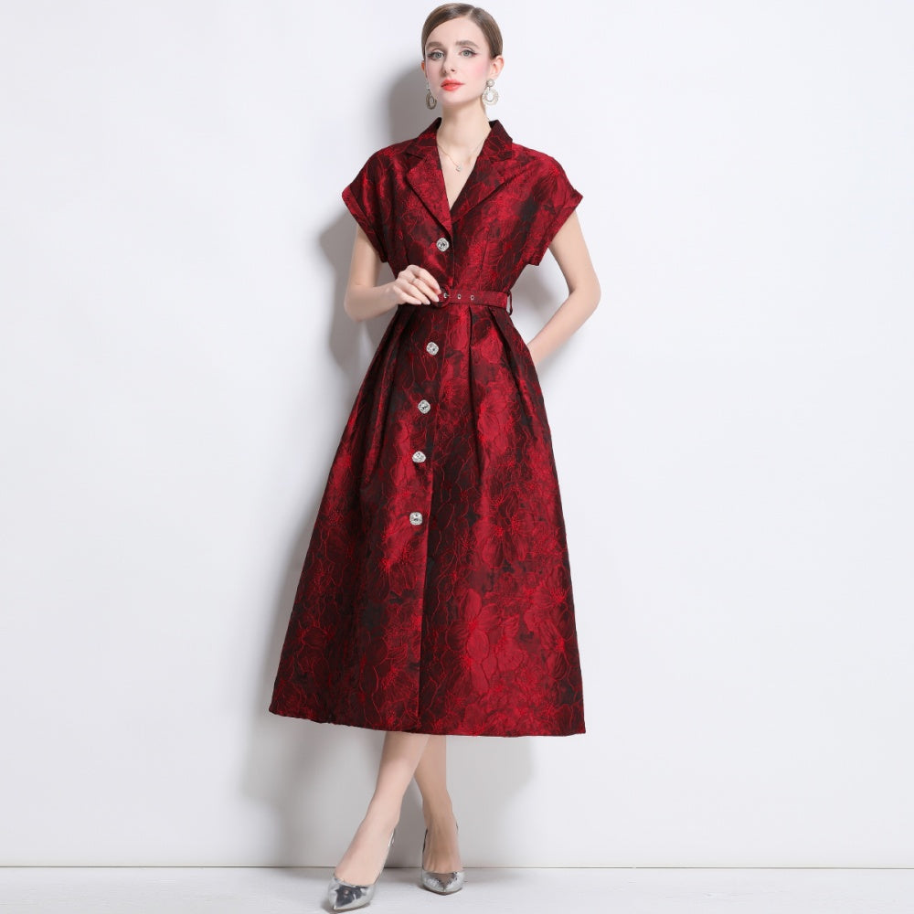 CM-DY040715 Women Elegant European Style V-Neck Short Sleeve Single-Breasted Midi Dress - Red