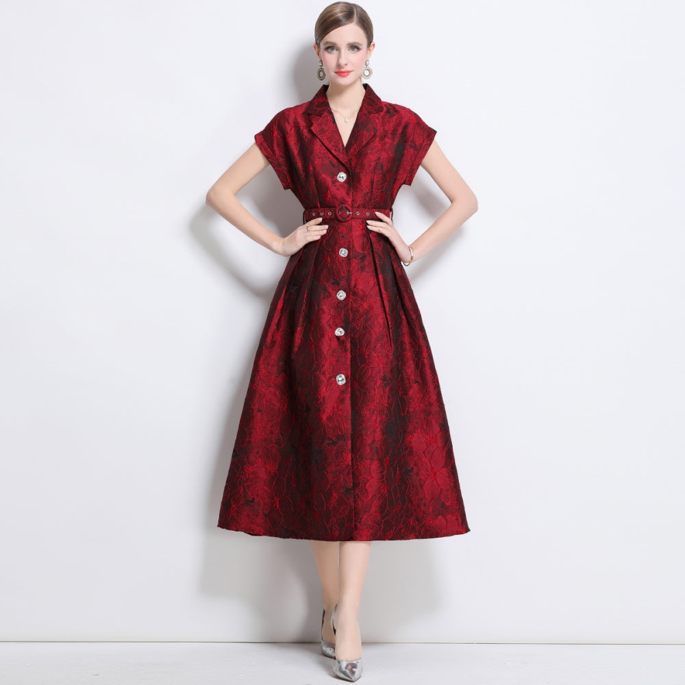 CM-DY040715 Women Elegant European Style V-Neck Short Sleeve Single-Breasted Midi Dress - Red