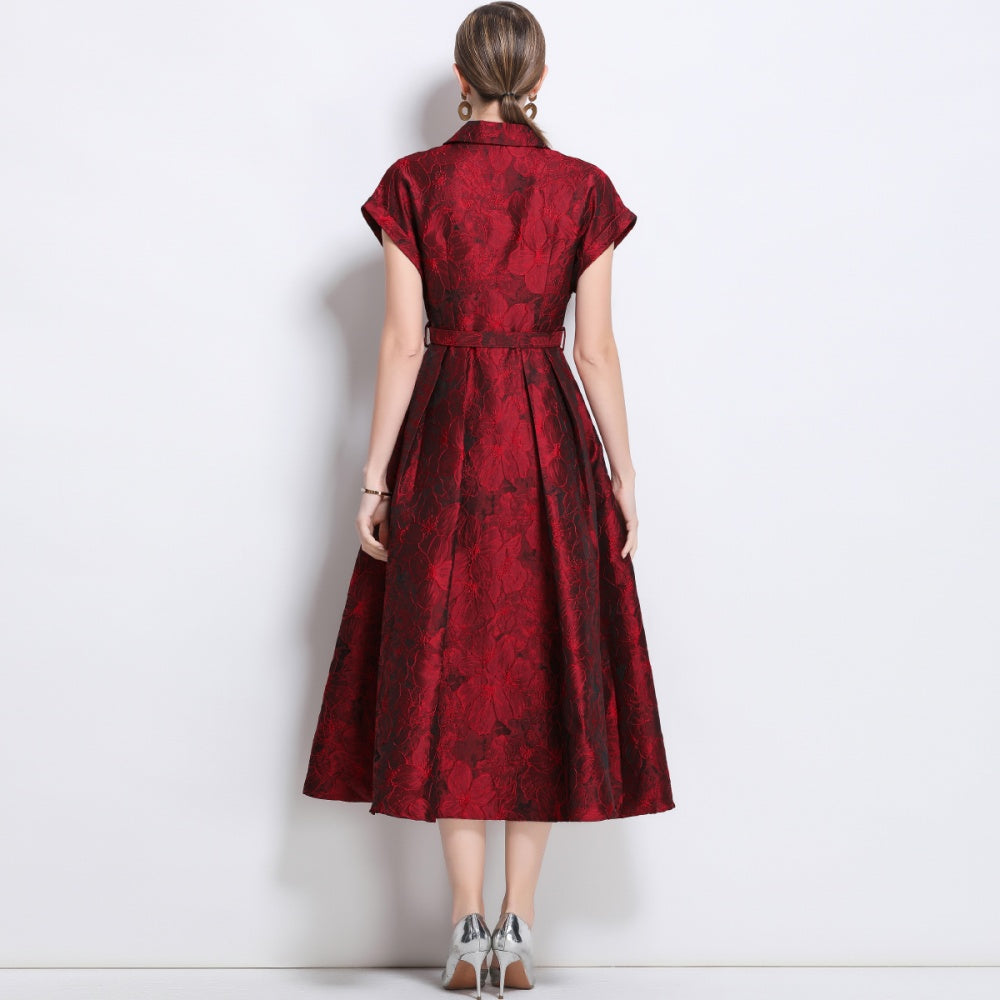 CM-DY040715 Women Elegant European Style V-Neck Short Sleeve Single-Breasted Midi Dress - Red