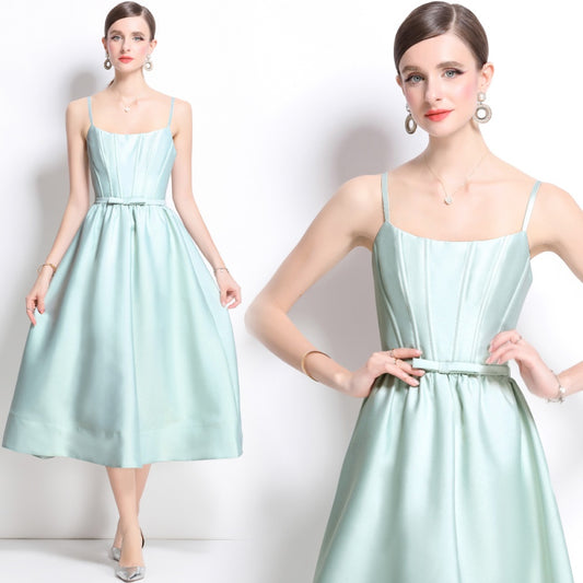 CM-DY040717 Women Elegant European Style Sleeveless Pinched Waist Midi Dress - Mint Green