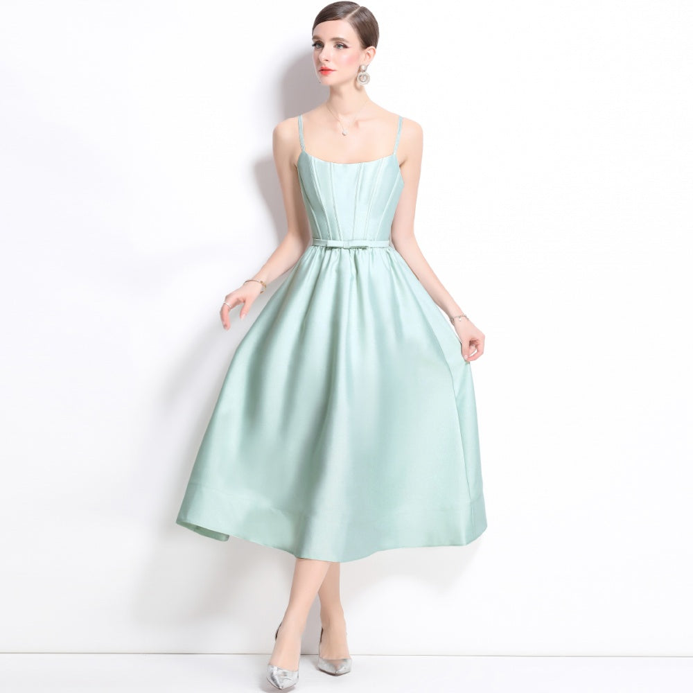 CM-DY040717 Women Elegant European Style Sleeveless Pinched Waist Midi Dress - Mint Green