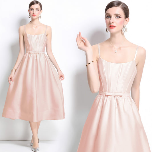CM-DY040718 Women Elegant European Style Sleeveless Pinched Waist Midi Dress - Pink