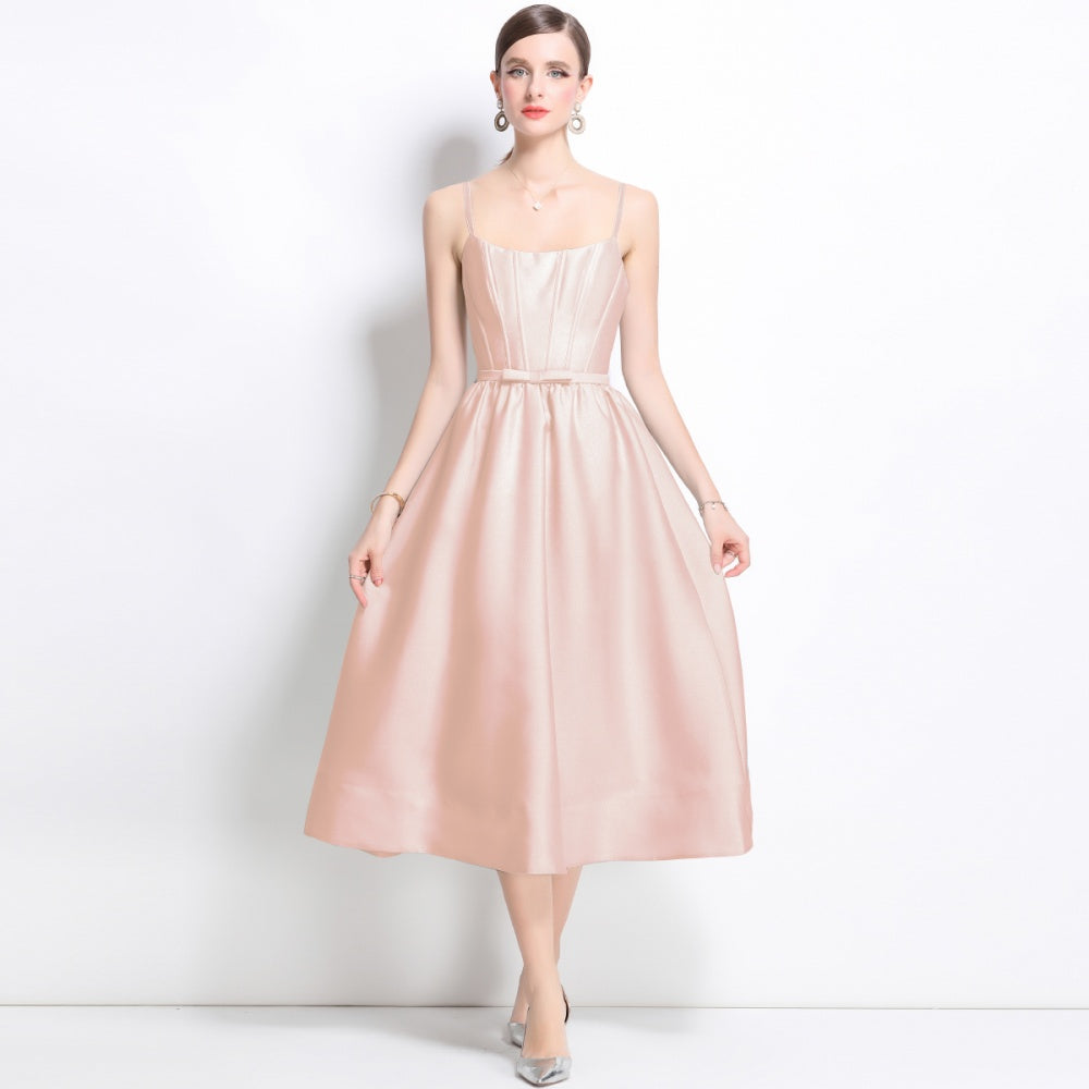CM-DY040718 Women Elegant European Style Sleeveless Pinched Waist Midi Dress - Pink