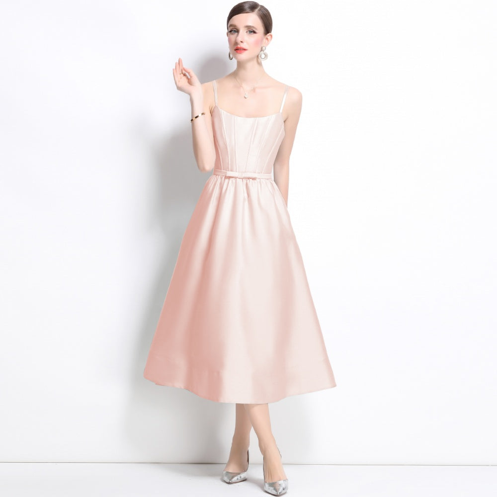 CM-DY040718 Women Elegant European Style Sleeveless Pinched Waist Midi Dress - Pink