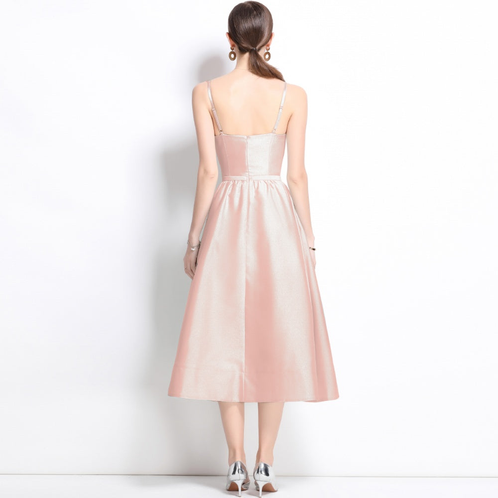 CM-DY040718 Women Elegant European Style Sleeveless Pinched Waist Midi Dress - Pink