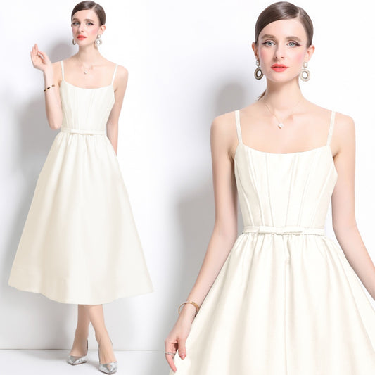 CM-DY040719 Women Elegant European Style Sleeveless Pinched Waist Midi Dress - Apricot