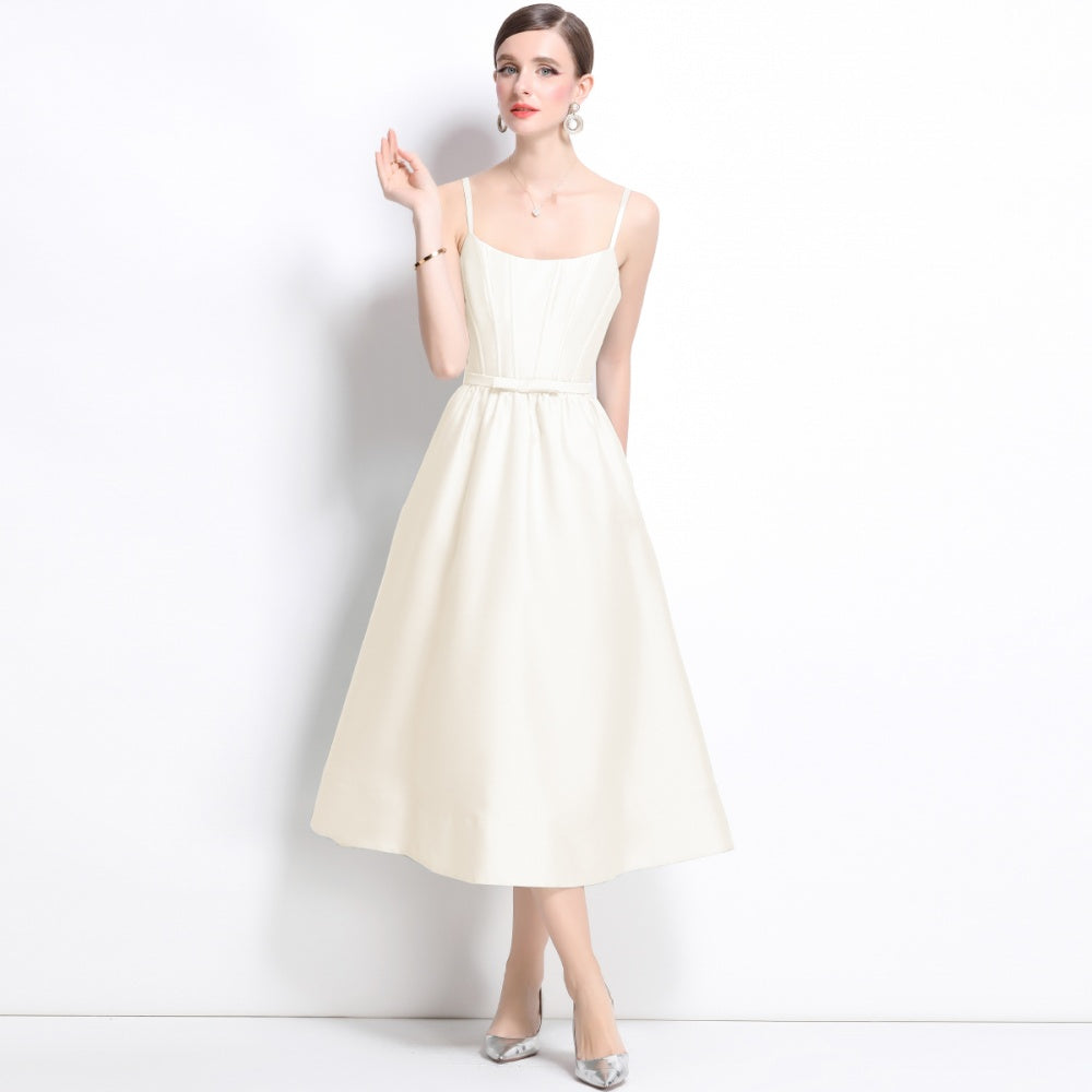 CM-DY040719 Women Elegant European Style Sleeveless Pinched Waist Midi Dress - Apricot