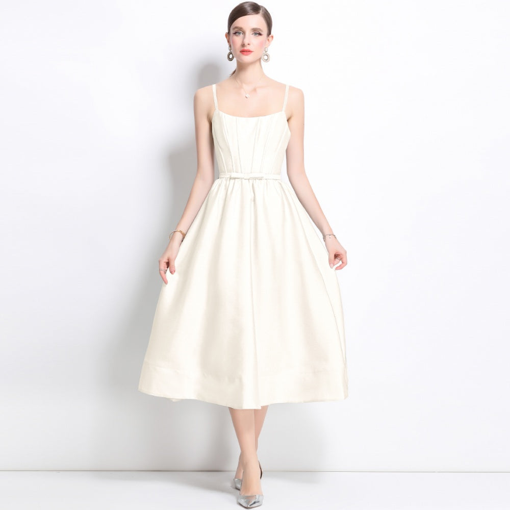CM-DY040719 Women Elegant European Style Sleeveless Pinched Waist Midi Dress - Apricot