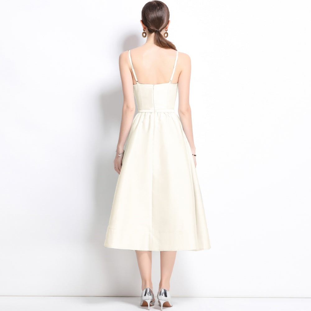 CM-DY040719 Women Elegant European Style Sleeveless Pinched Waist Midi Dress - Apricot