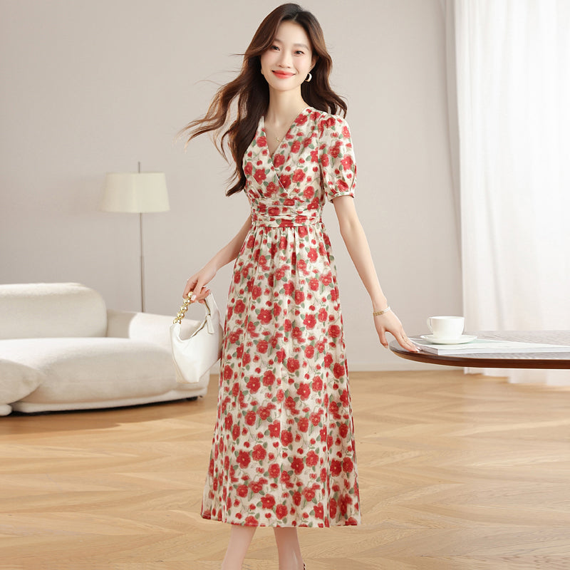 CM-DY040798 Women Casual Seoul Style Floral Print V-Neck Puff Sleeve Mid-Length Dress