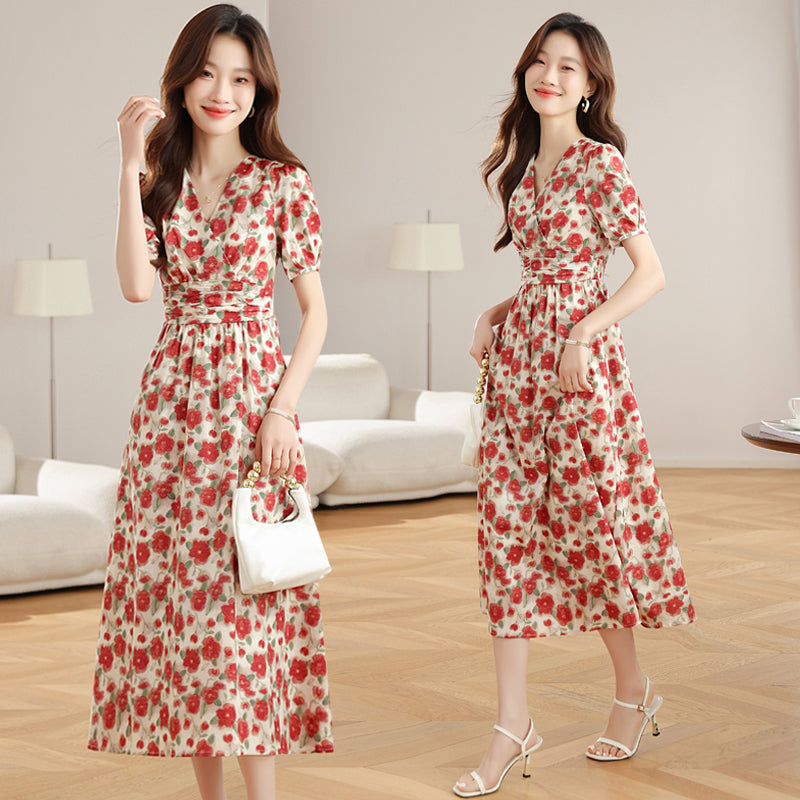 CM-DY040798 Women Casual Seoul Style Floral Print V-Neck Puff Sleeve Mid-Length Dress