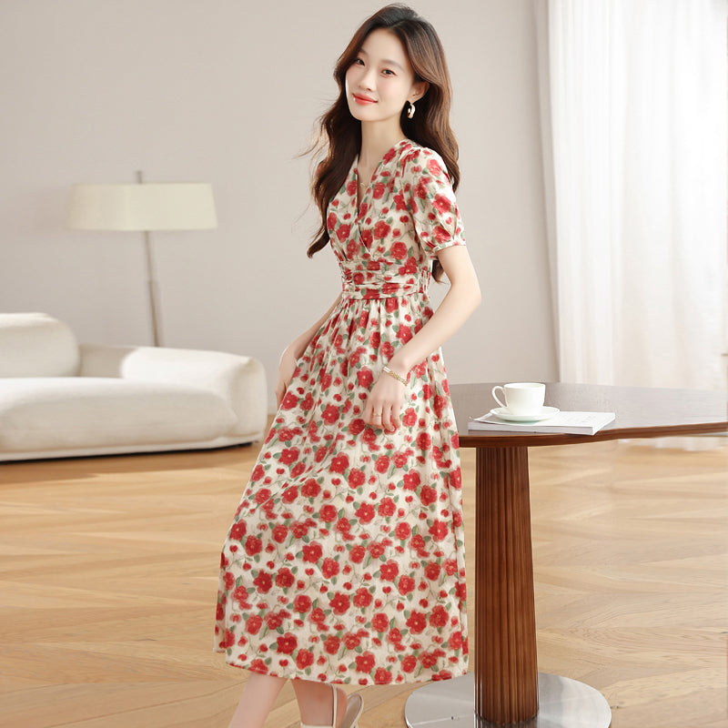 CM-DY040798 Women Casual Seoul Style Floral Print V-Neck Puff Sleeve Mid-Length Dress