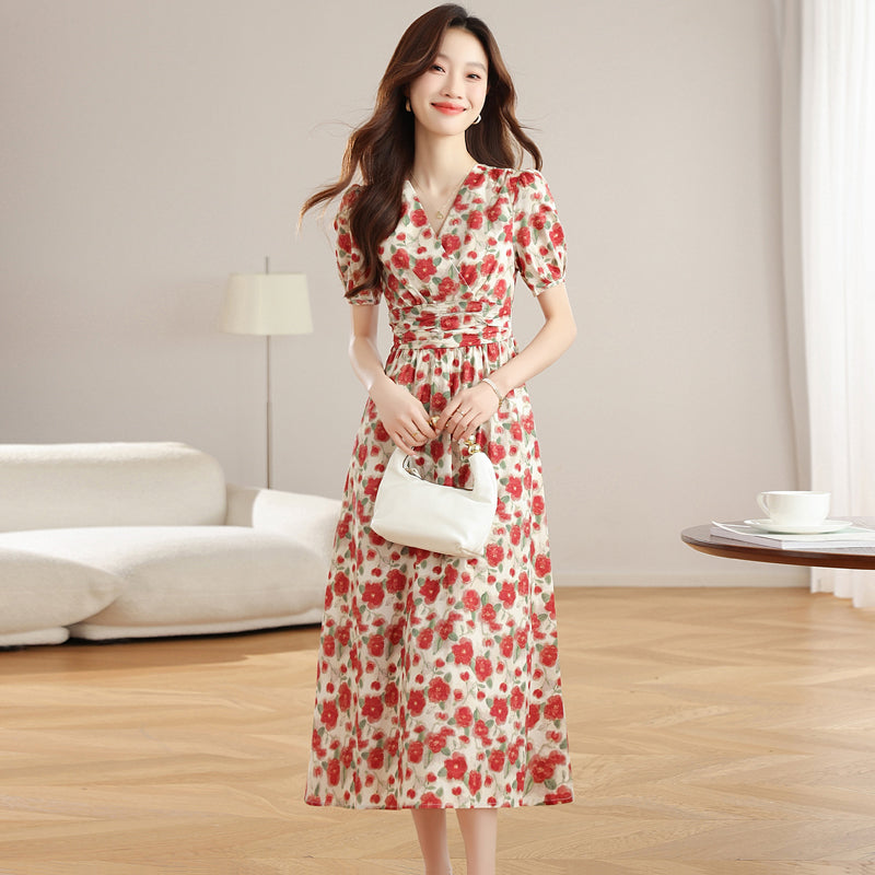 CM-DY040798 Women Casual Seoul Style Floral Print V-Neck Puff Sleeve Mid-Length Dress