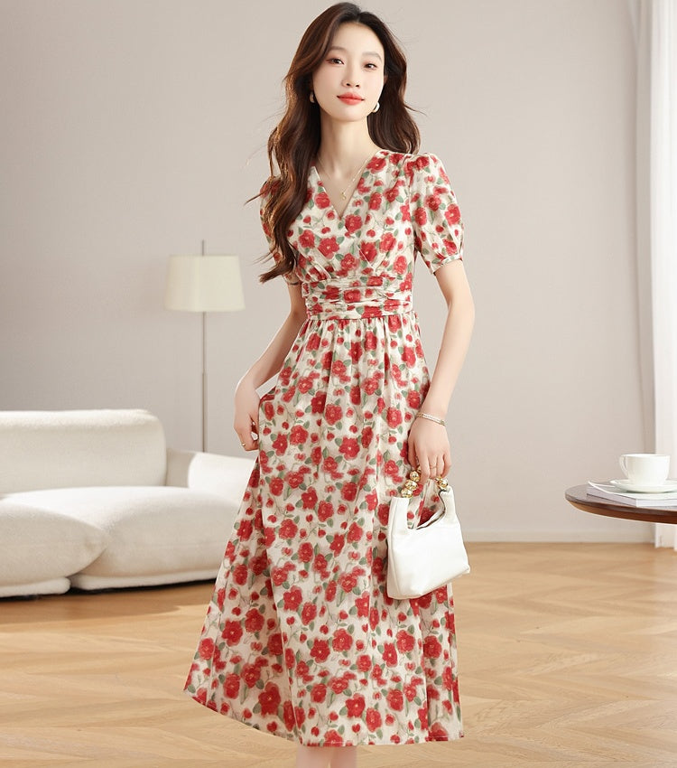CM-DY040798 Women Casual Seoul Style Floral Print V-Neck Puff Sleeve Mid-Length Dress