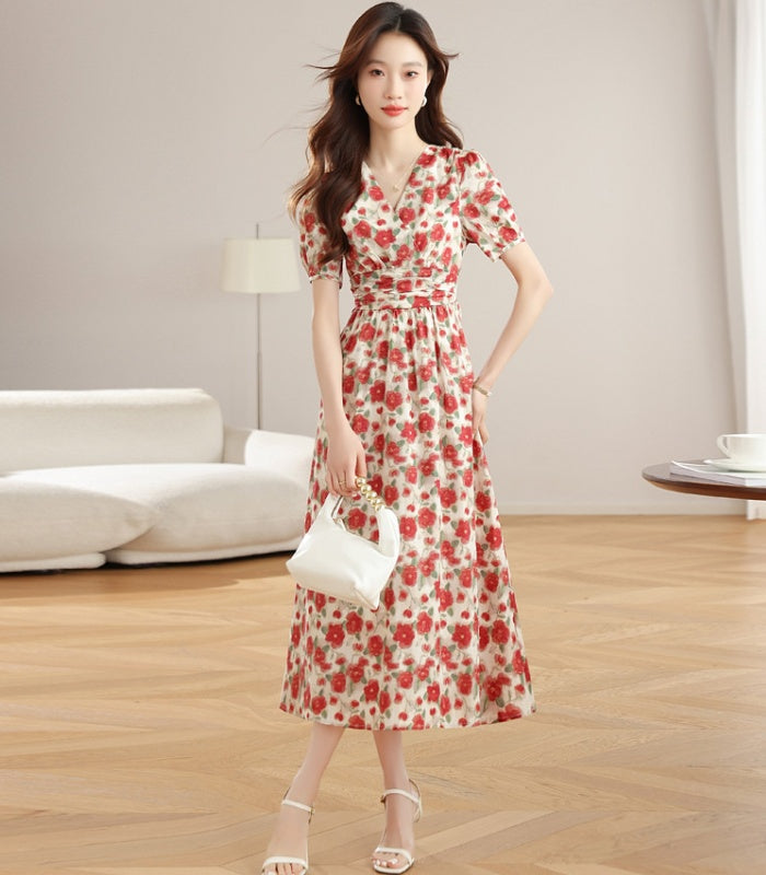 CM-DY040798 Women Casual Seoul Style Floral Print V-Neck Puff Sleeve Mid-Length Dress