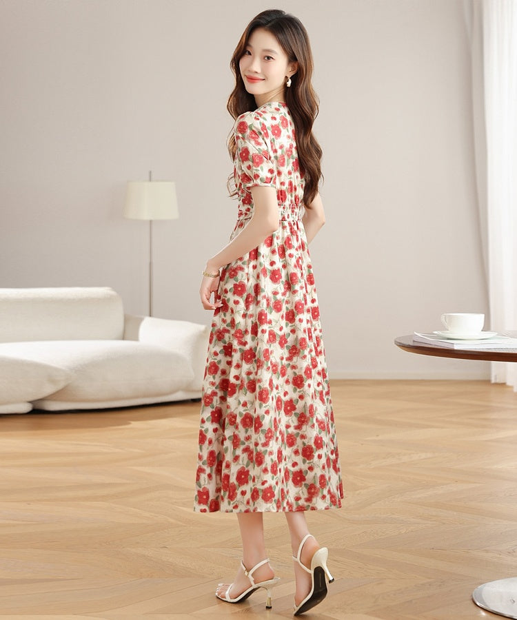 CM-DY040798 Women Casual Seoul Style Floral Print V-Neck Puff Sleeve Mid-Length Dress